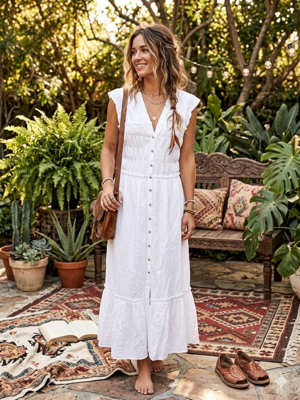 FREE PEOPLE Desert Dazed Dress /White Button-Front Maxi Dress size extra large